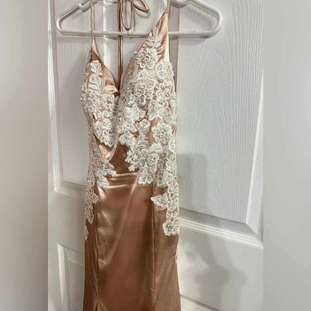 Handmade rose gold prom dress, backless, with mermaid hem.